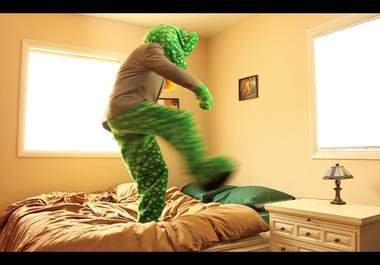 dance on my bed, in a frog costume, wearing a suit, to any song big3
