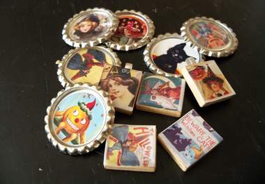 send a Halloween pin made from a bottlecap or a pendant made from a scrabble tile big1