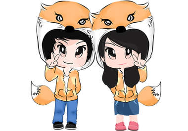 create a COUPLE chibi, cartoon in a fox costume big1