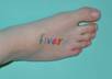 write any word or name on my foot in colorful crayons